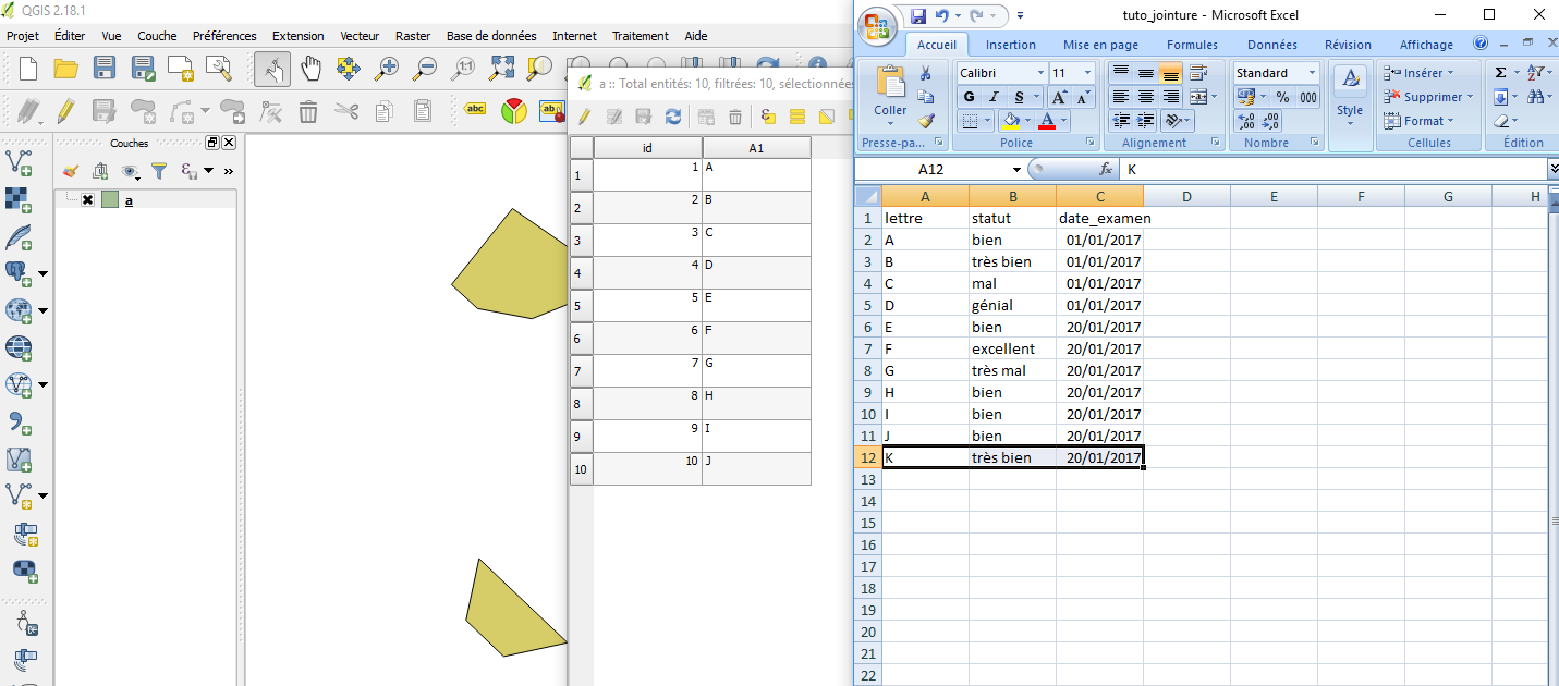 Données de la couche SIG et du fichier excel avant jointure dans QGIS