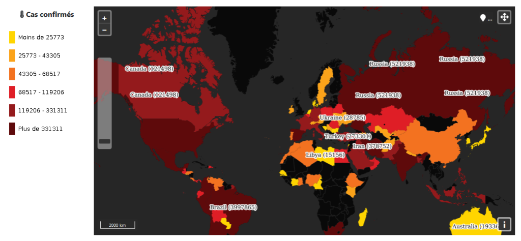 Représentation cartographique des cas confirmés de Coronavirus Covid-19