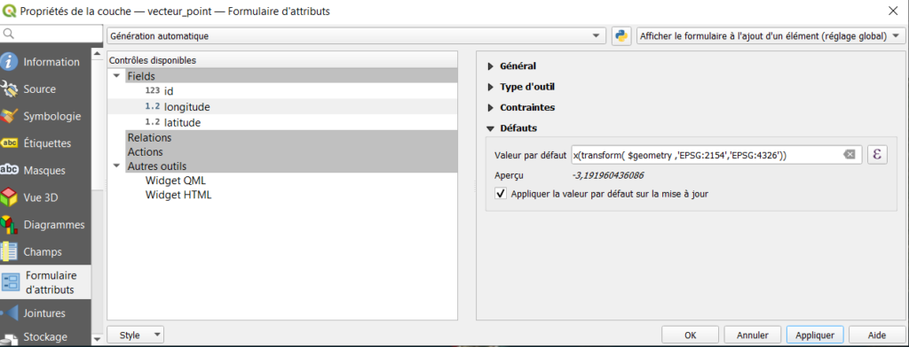 Génération automatique des valeurs des champs longitude et latitude dans QGIS