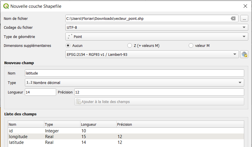 Création de la couche SIG de type point avec la liste des attributs