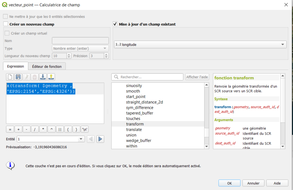 Fonction QGIS de transformation de la projection géographique de la géométrie