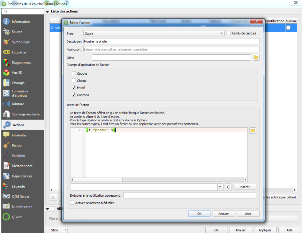 Création d'une action dans QGIS pour montrer une photos sur la carte.