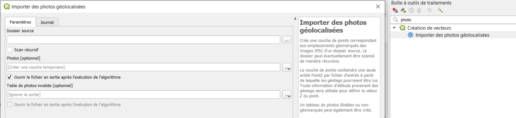 Figure 12 : Fonctionnalité "Importer des photos géolocalisées" dans QGIS.