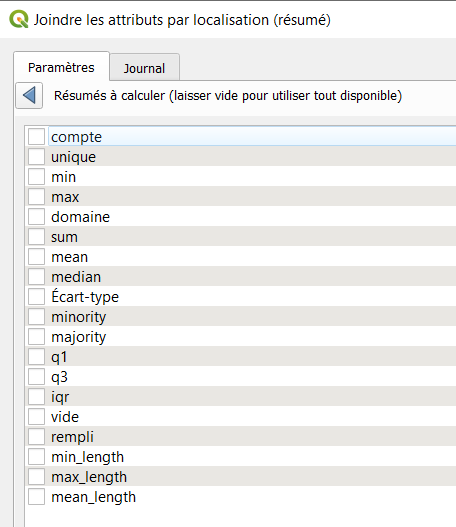 Liste des fonctions d'agrégat des valeurs attributaires groupées utilisées pour la jointure spatiale.