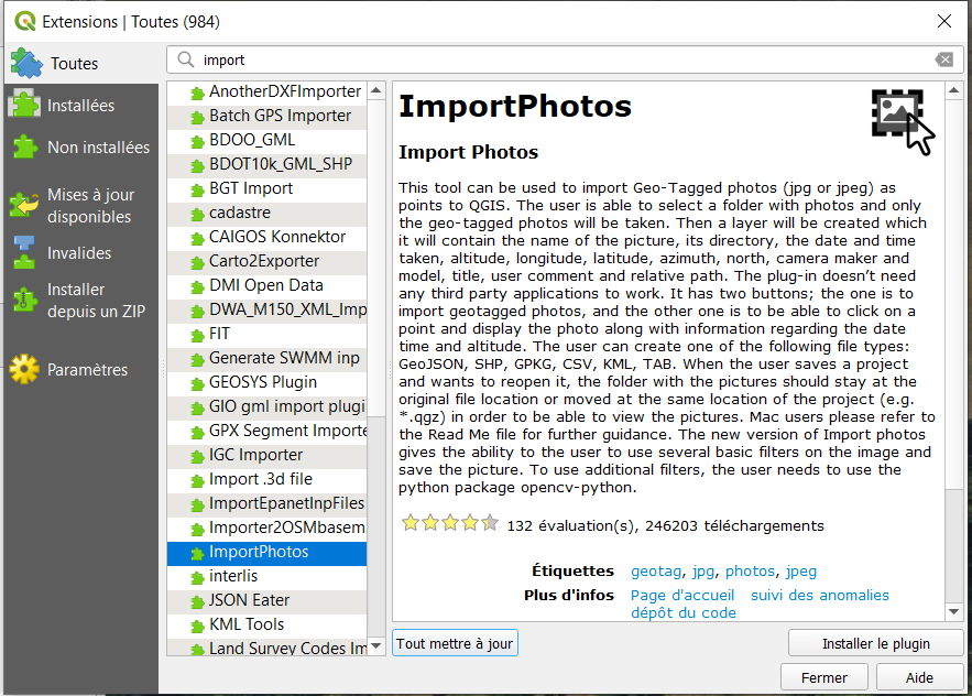 Installation du plugin ImportPhotos dans QGIS.