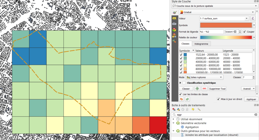 Représentation cartographique de la surface totale bâtie par cellule de la grille de 500 m x 500 m. 