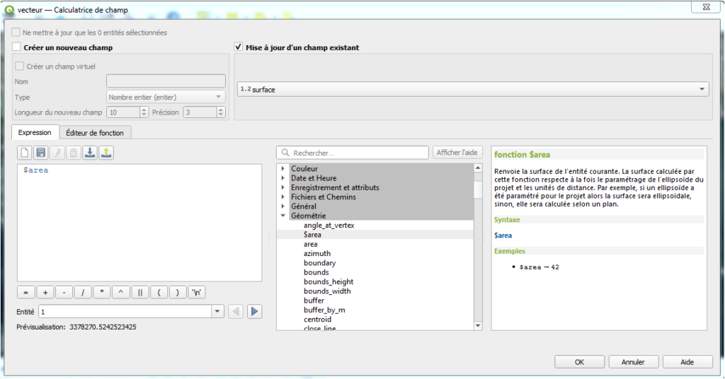 Calcul de la surface des polygones avec la calculatrice de champ QGIS