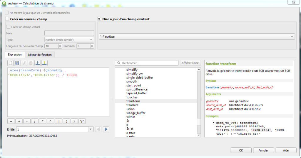 Expression du calcul de surface en hectare avec la transformation de la projection des géométries dans QGIS