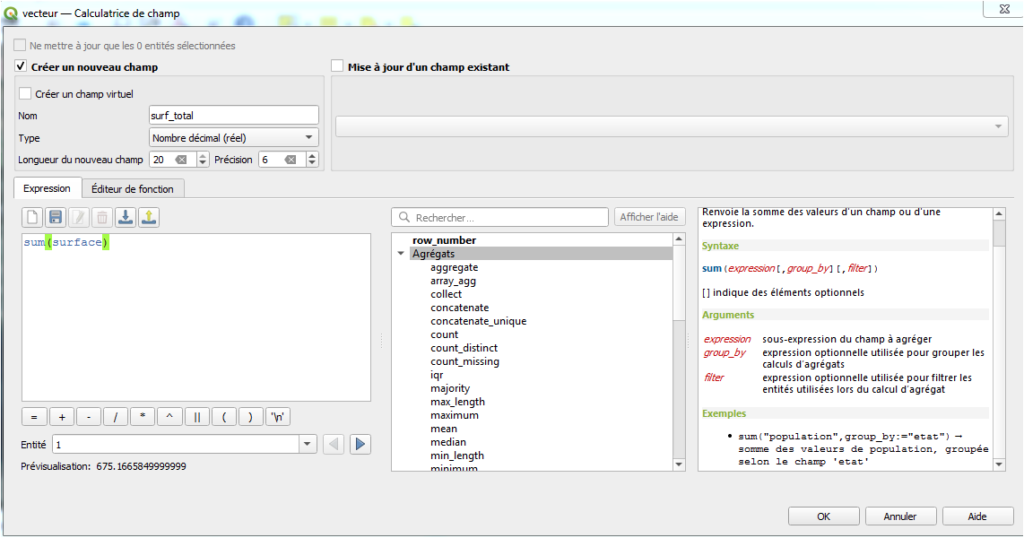 Somme des surfaces des polygones dans QGIS