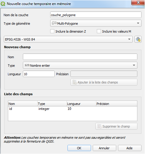 Structure de la couche temporaire QGIS.