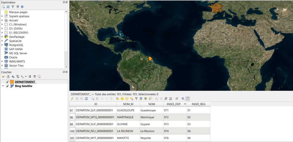Départements de la France Métropolitaine et d'Outre-Mer dans QGIS