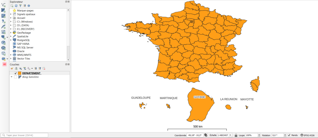 Cartographie de la France avec les cinq départements d'Outre-Mer déplacés dans QGIS
