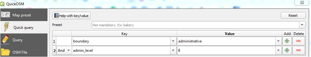 Requête QuickOSM dans QGIS pour télécharger les limites administratives