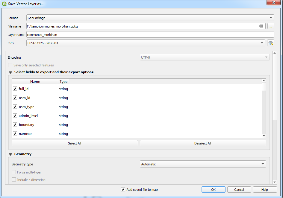 Export des données vectorielles en format Geopackage (.gpkg)